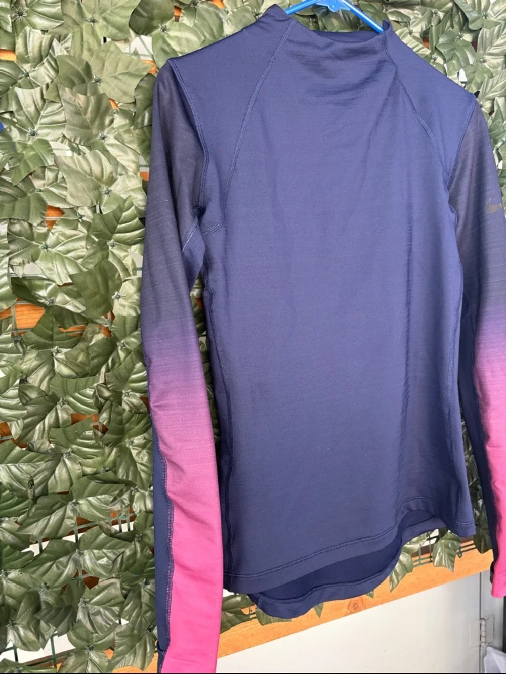 Nike Women's Navy Long Sleeve Performance Top with Pink Ombre Sleeves, size M